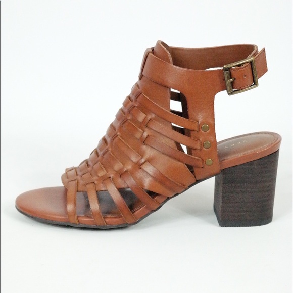 Cognac 100% Leather Block Heel Sandals - Picture 4 of 7