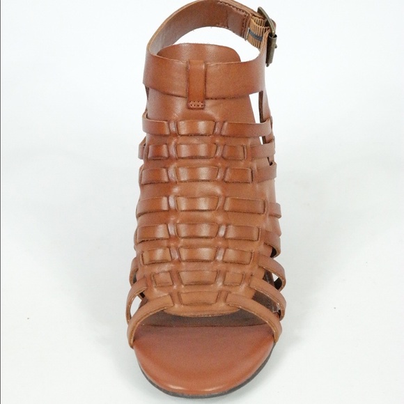 Cognac 100% Leather Block Heel Sandals - Picture 5 of 7