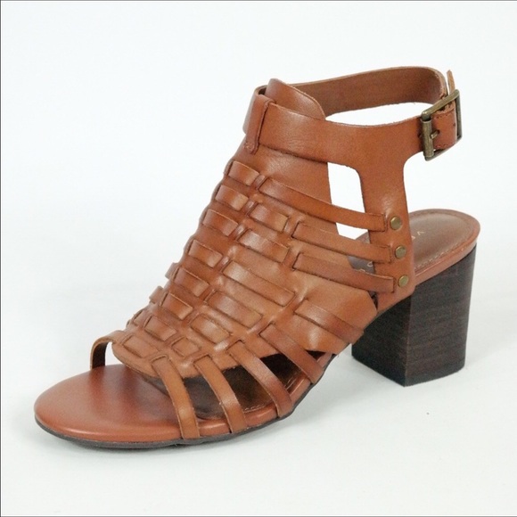 Cognac 100% Leather Block Heel Sandals - Picture 6 of 7