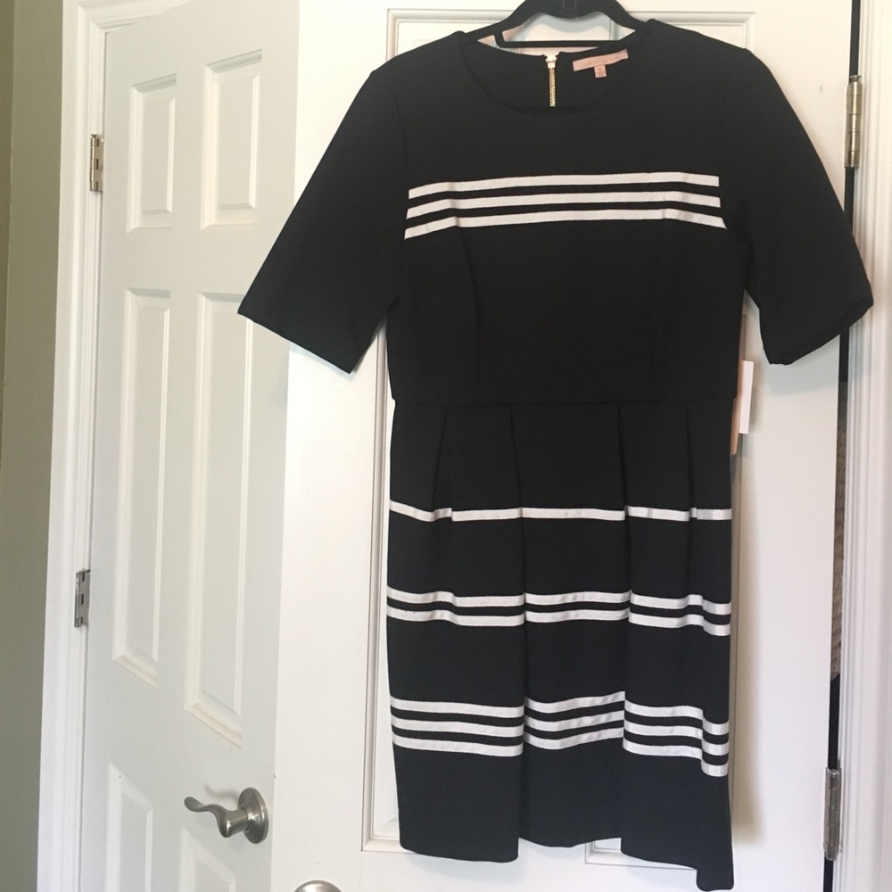 Black and white striped fit and flare dress