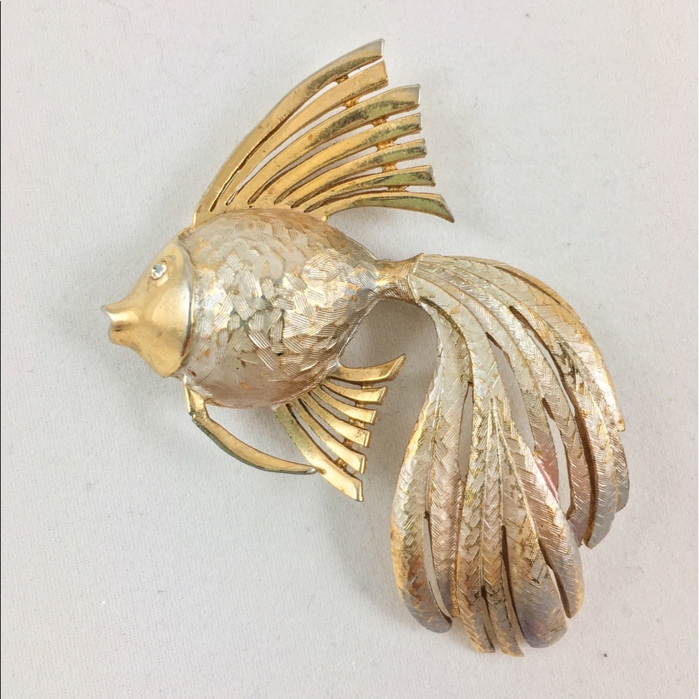 Vintage Fish Figural Rhinestone Eye Brooch or Pin