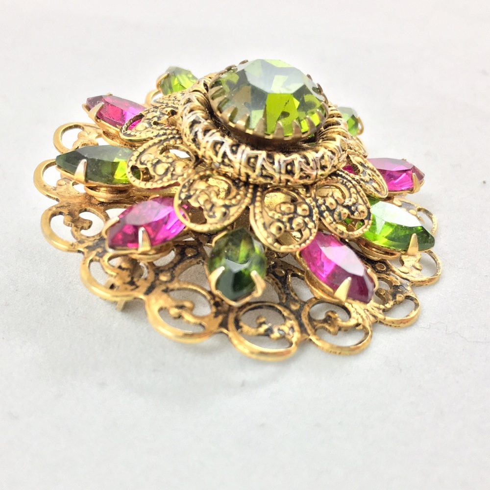 Vintage Filigree Purple & Green Rhinestone Brooch