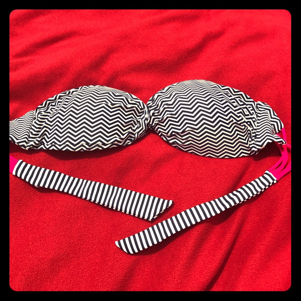 Navy, White and Pink Strapless Bikini Top | Size L
