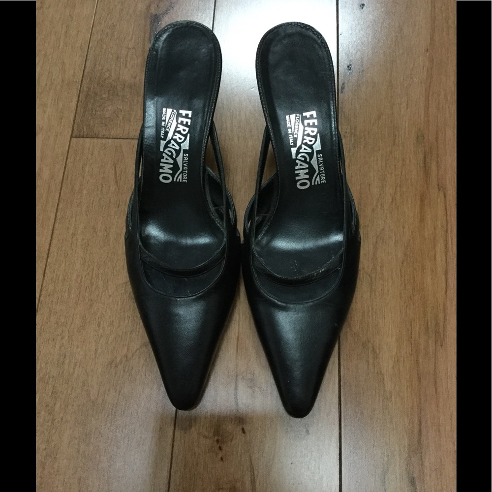 Salvatore Ferragamo Black Leather Mules - size 7.5
