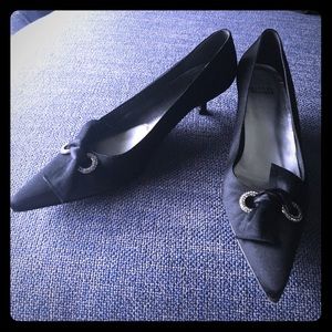 Stuart Weitzman Satin Bow+Rhinestone Kitten Heels!