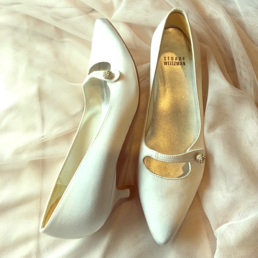 Stuart Weitzman White Satin Kitten Heel w/ Sparkle