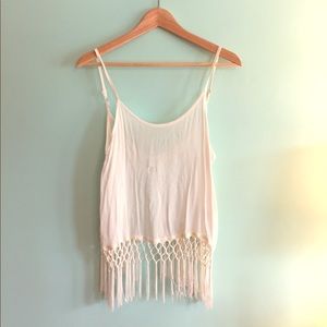 NWOT white fringe open back shirt