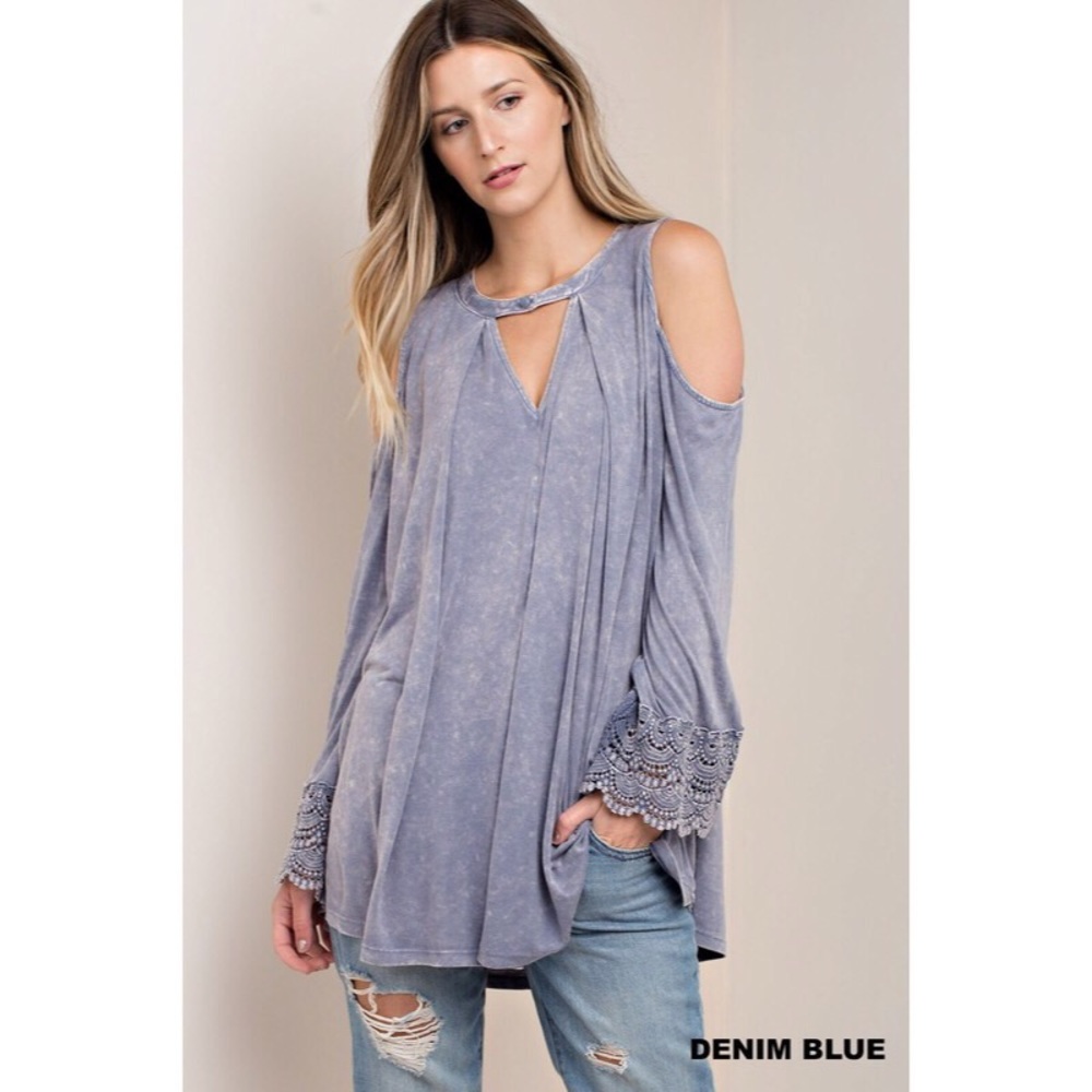 **Last 1** Denim Blue Cold Shoulder Washed Top - Picture 2 of 7
