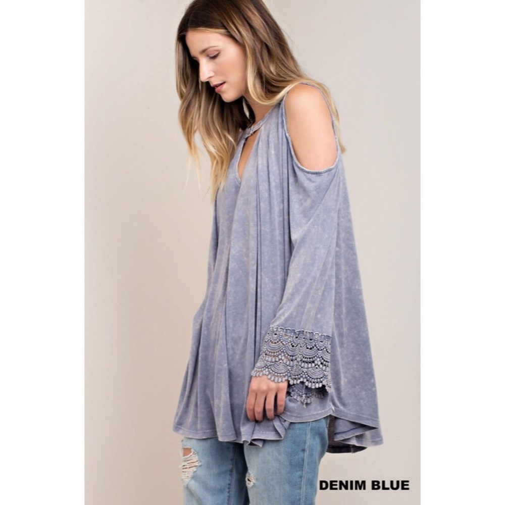 **Last 1** Denim Blue Cold Shoulder Washed Top - Picture 4 of 7