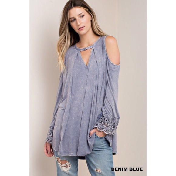 **Last 1** Denim Blue Cold Shoulder Washed Top - Picture 2 of 7