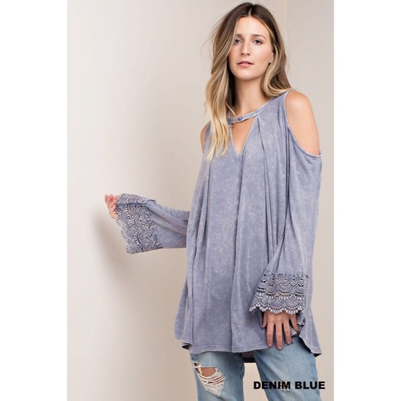 **Last 1** Denim Blue Cold Shoulder Washed Top - Picture 3 of 7