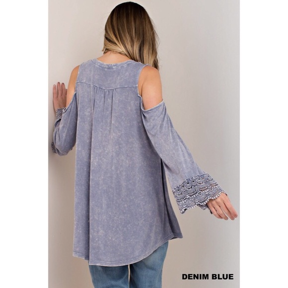 **Last 1** Denim Blue Cold Shoulder Washed Top - Picture 5 of 7