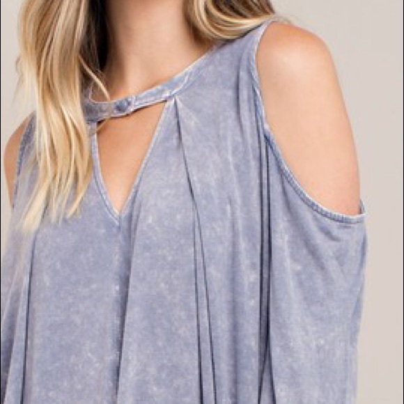 **Last 1** Denim Blue Cold Shoulder Washed Top - Picture 6 of 7