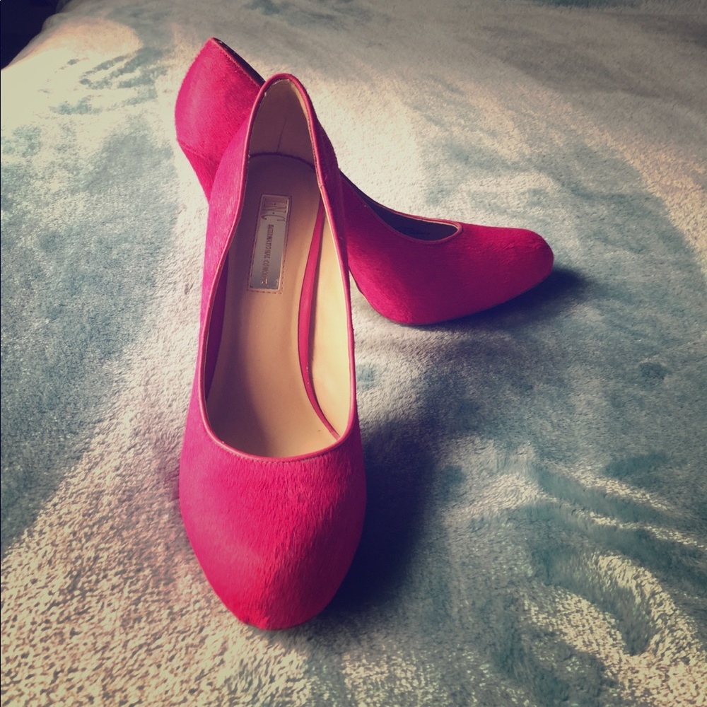 Pink, pony hair high heels from INC