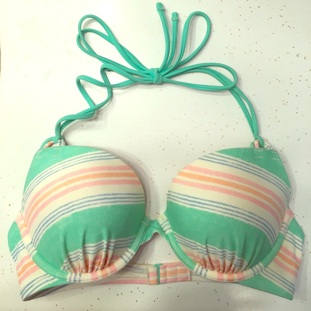 Green striped bikini top with built-in pads