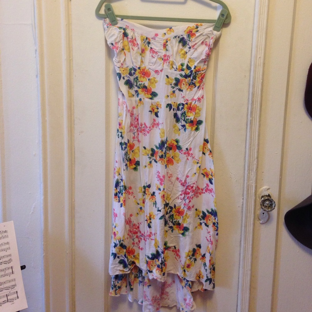 Long high-low floral white dress strapless