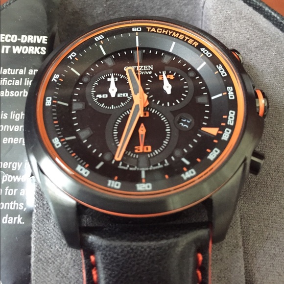 citizen eco drive orange and black chronograph