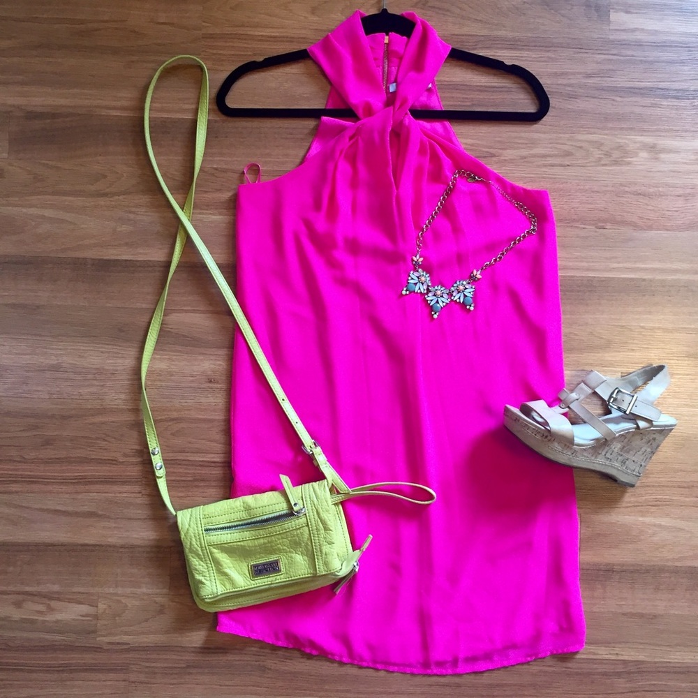 Naked zebra hot pink key hole twist neck dress