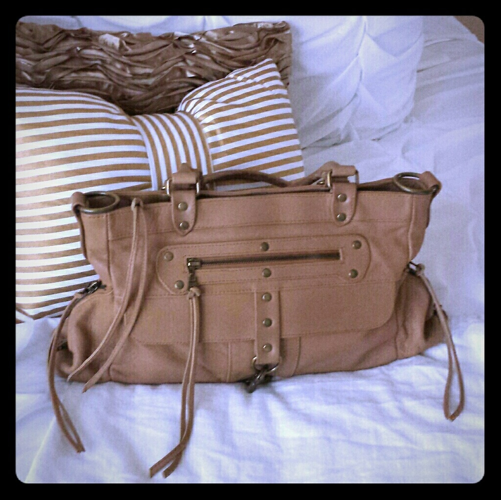 Tan leather satchel moto handbag purse by Aaneta