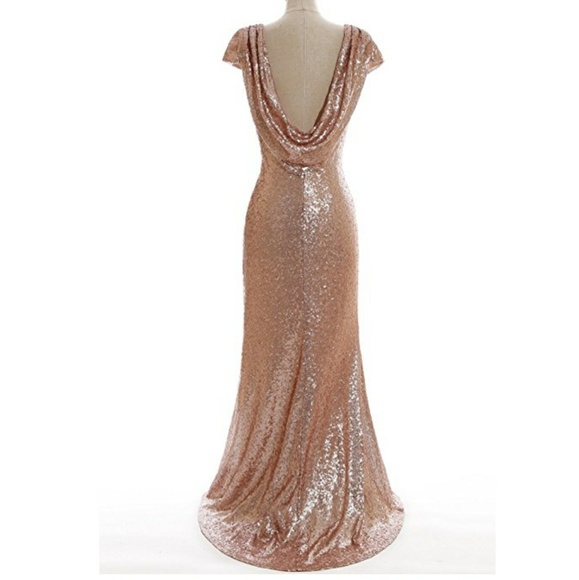 Rose Gold Sequin Backless Dress Cowl Back Drape - Picture 2 of 4