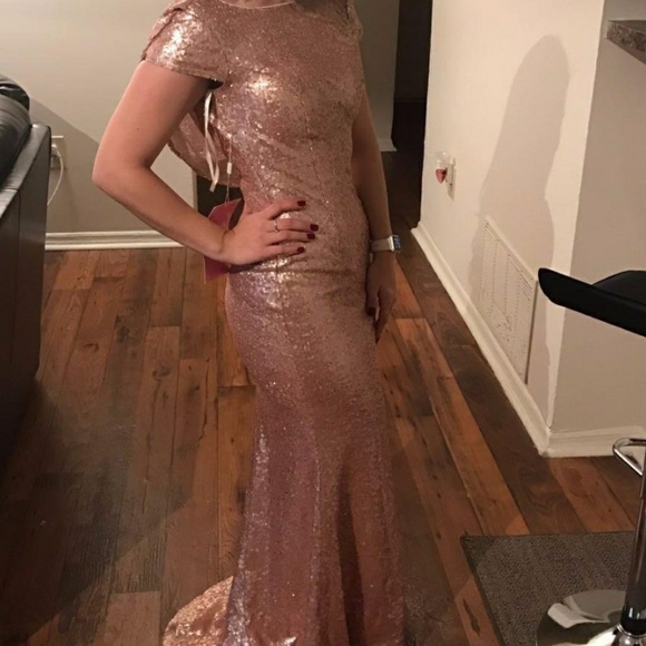 Rose Gold Sequin Backless Dress Cowl Back Drape - Picture 3 of 4