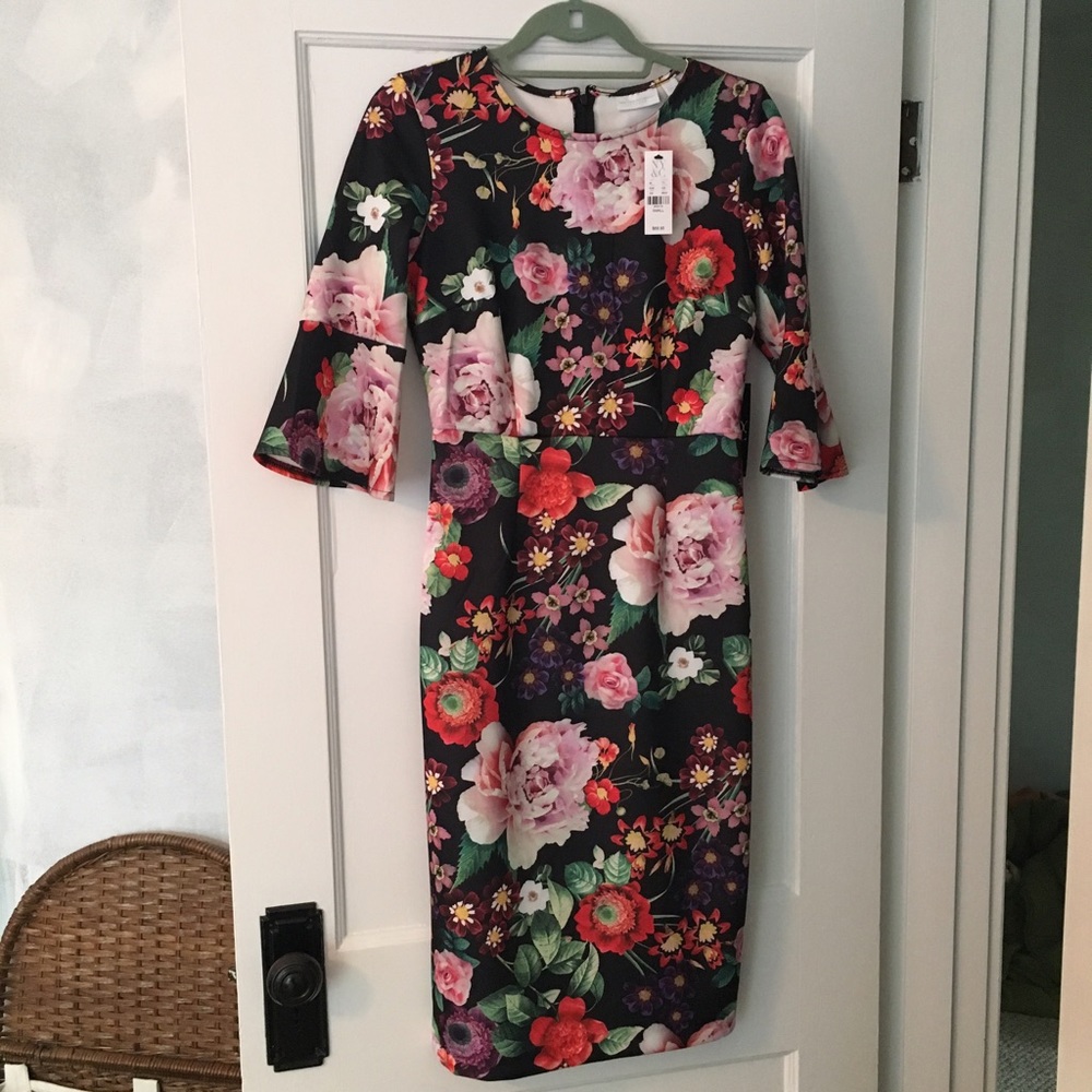 NWT NY&Co Floral Bell Sleeve Scuba Dress