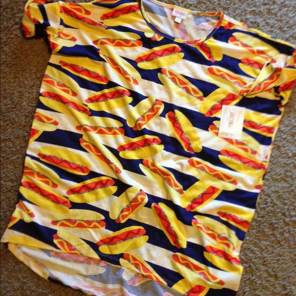 New LuLaRoe Irma Tunic Shirt Large Americana white red yellow pink hot dog stars