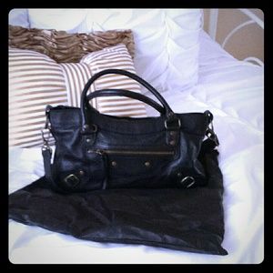 Black leather satchel handbag moto