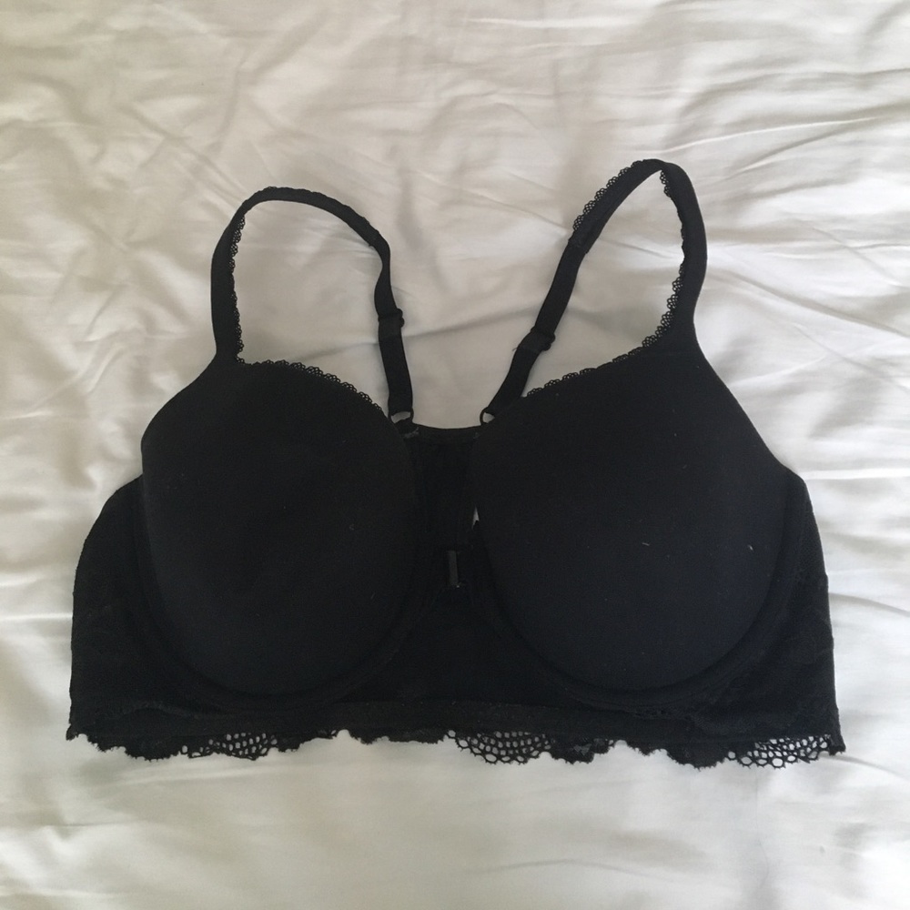 Black lace back racer back bra.