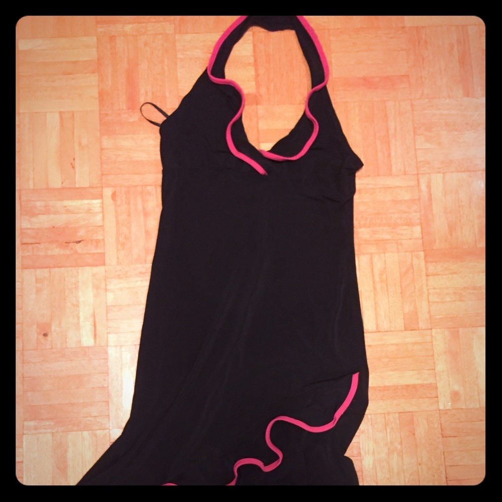Black halter dress with pink trim