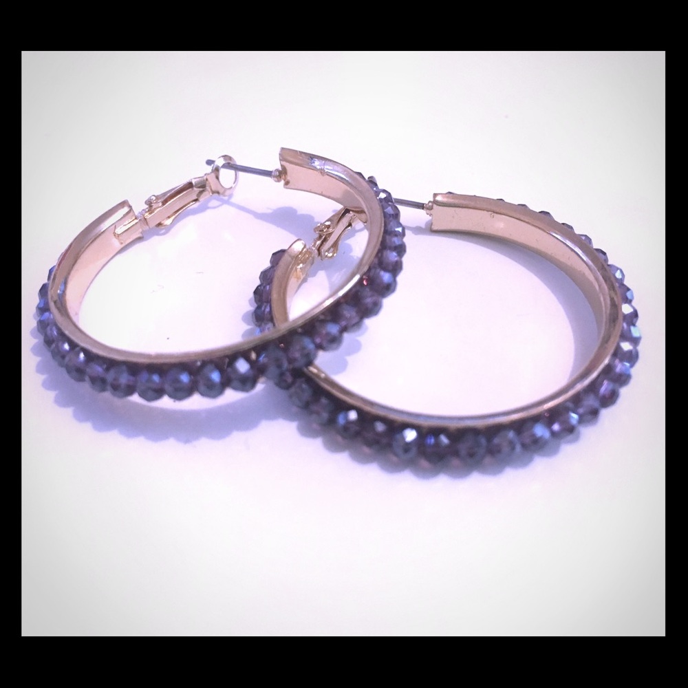 Deep Purple Gold Beaded Hoops