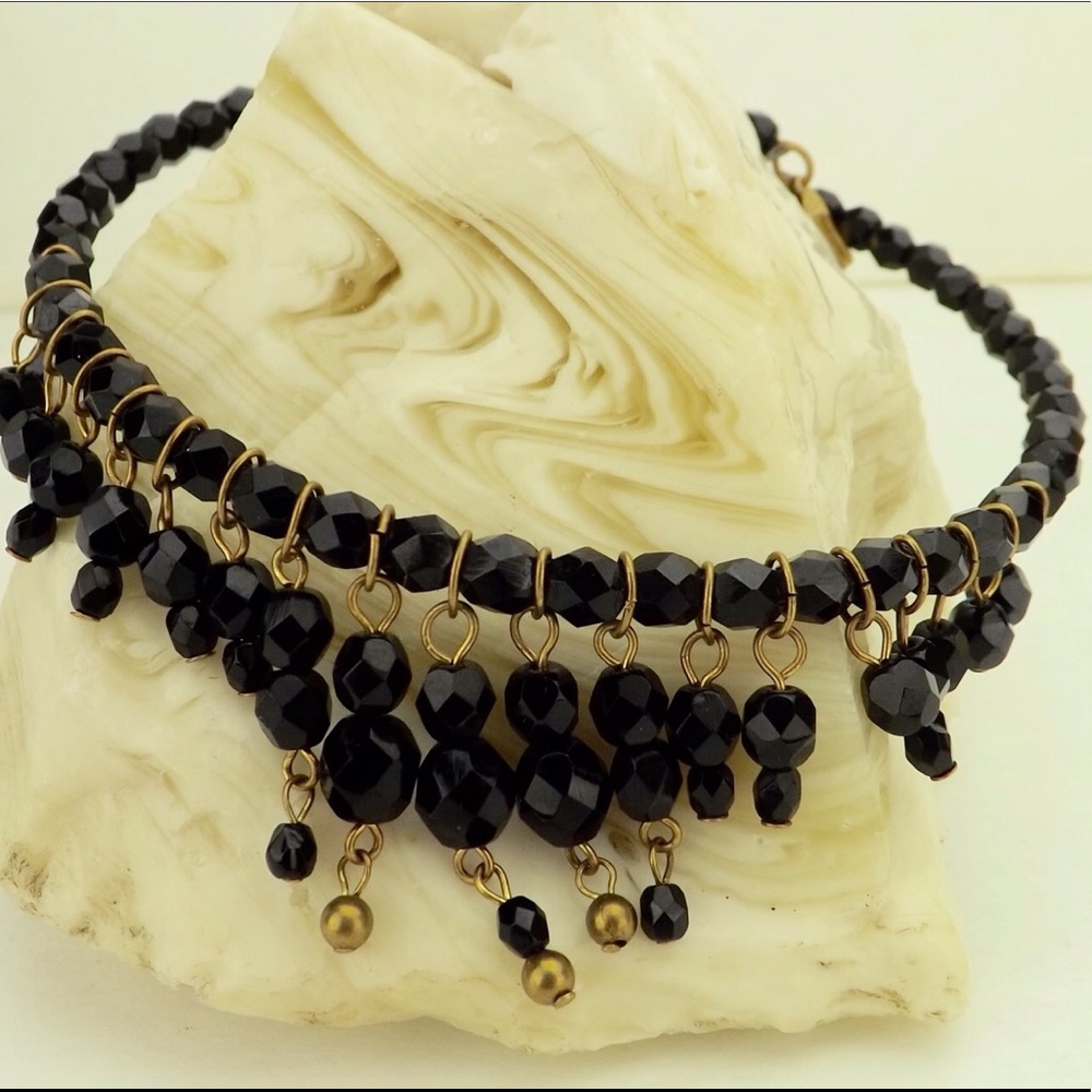 vintage choker necklace black jet copper dangles - Picture 3 of 7