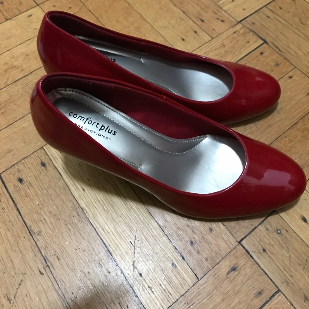Red patent pumps