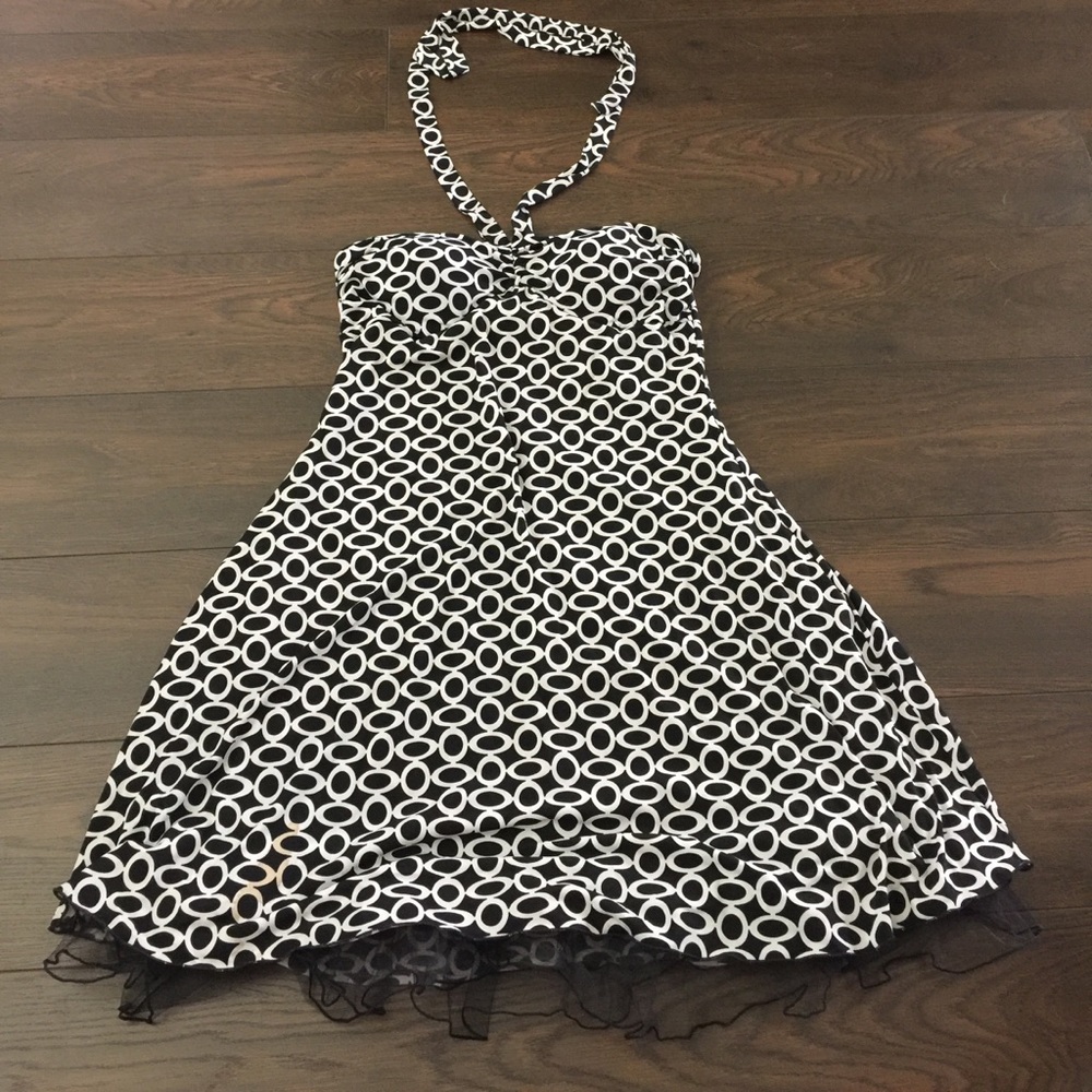 Polkadot black and white halter/ strapless dress