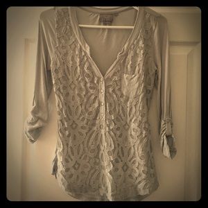 Gray 3/4 Sleeve Lace-Front Blouse