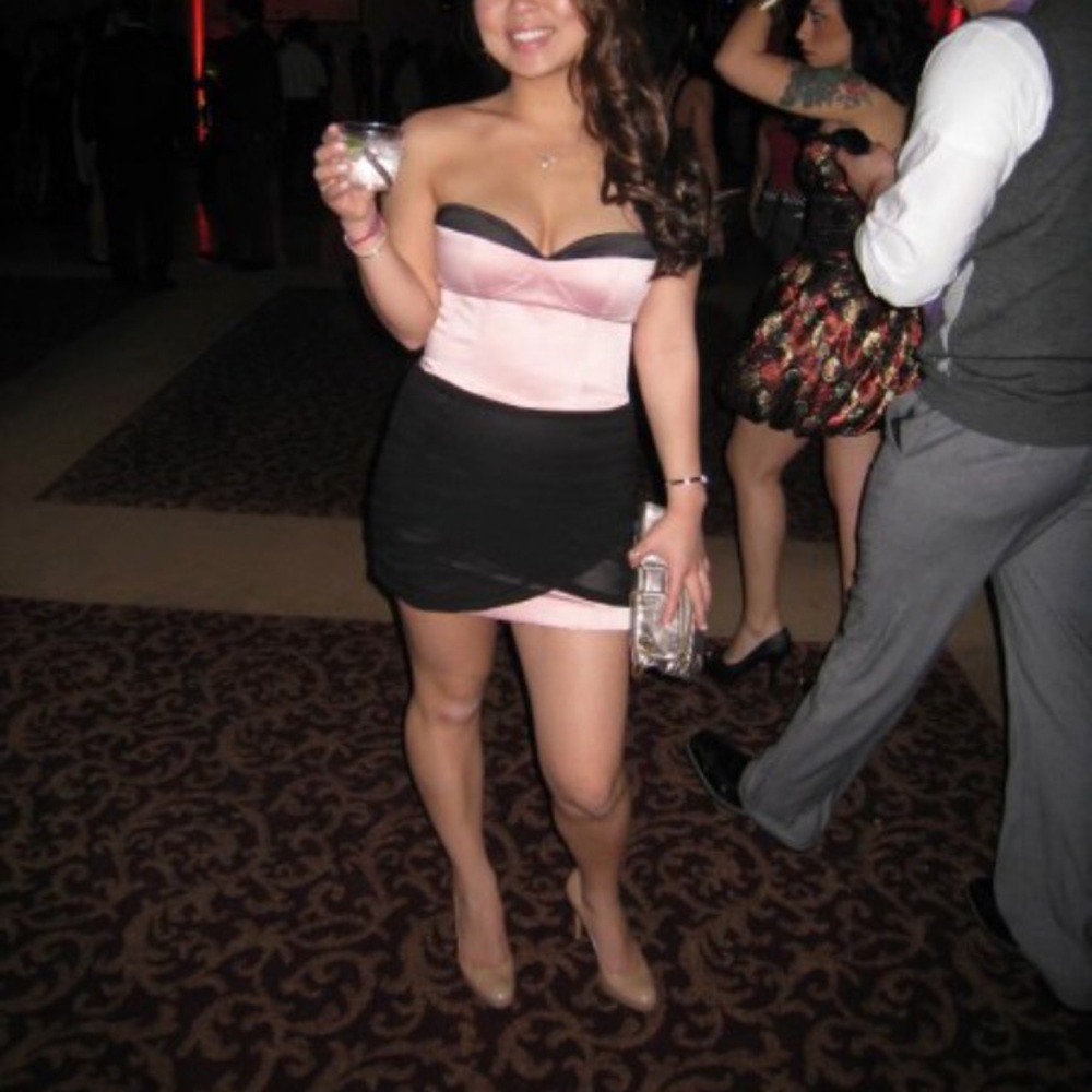 BEBE Blush pink corset and ruched mini dress