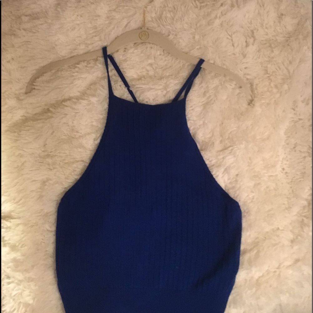 Blue ribbed cross back crop top