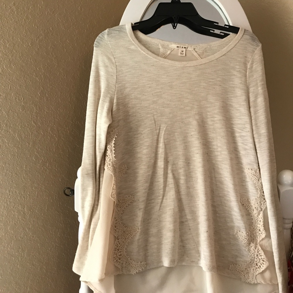 Crochet trim sheer back long sleeve top