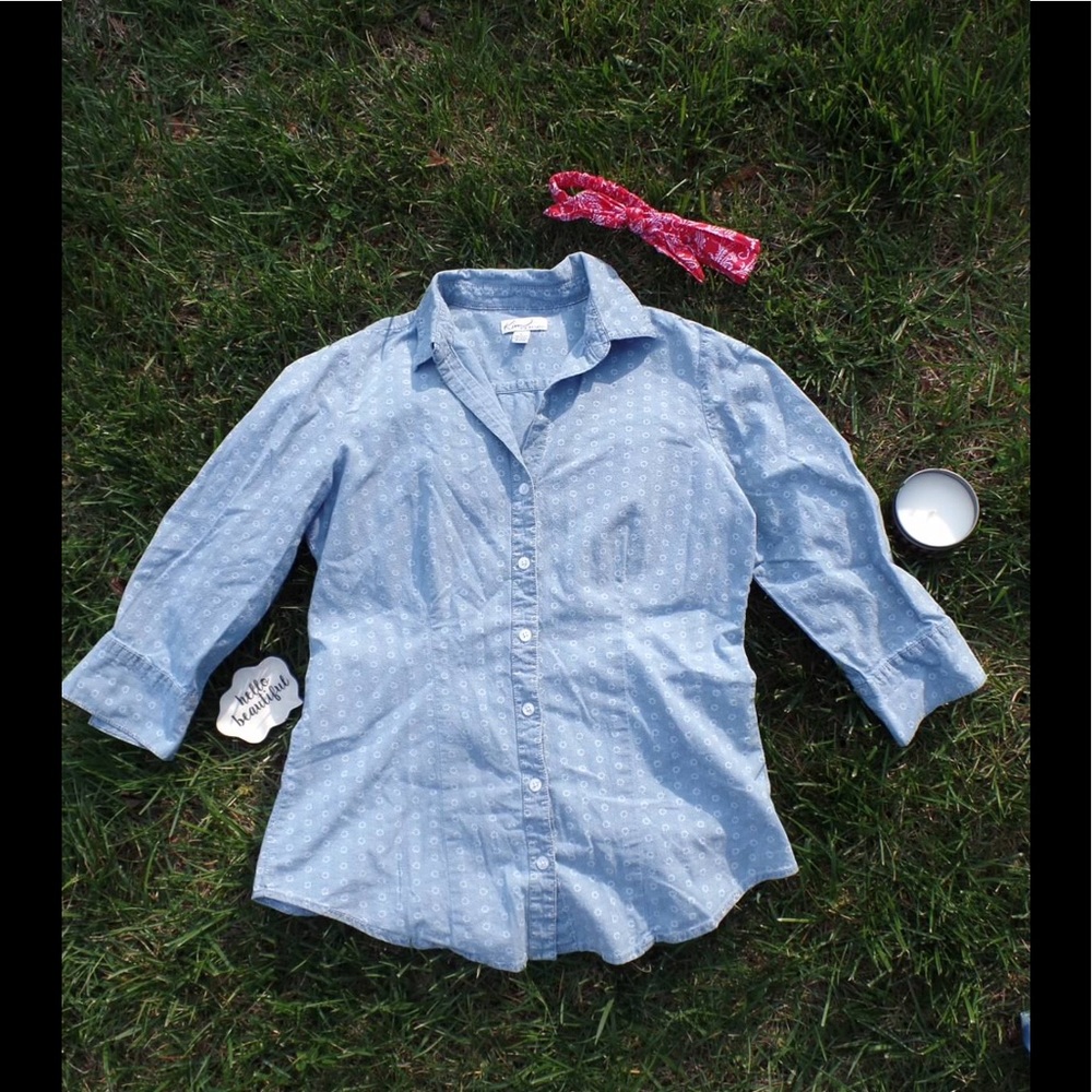 Kim Rogers Denim Jean Printed Button Down Shirt