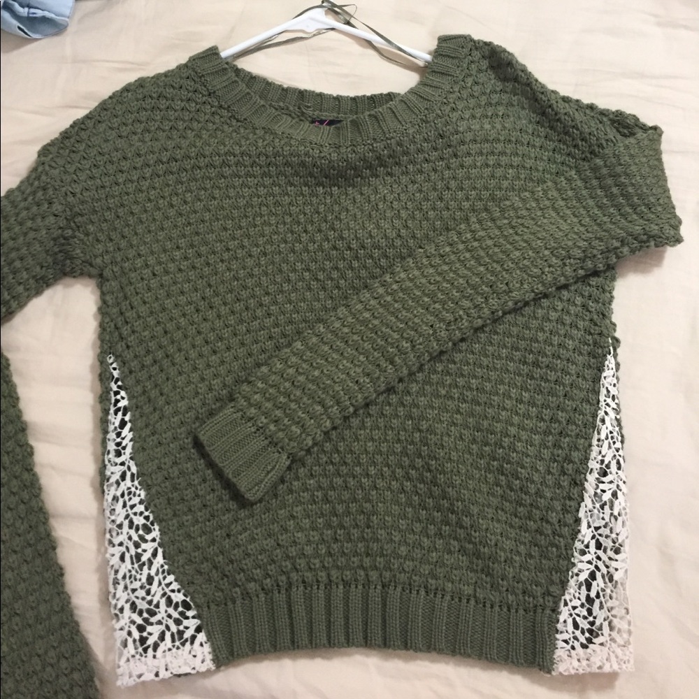 olive green sweater with lace accent