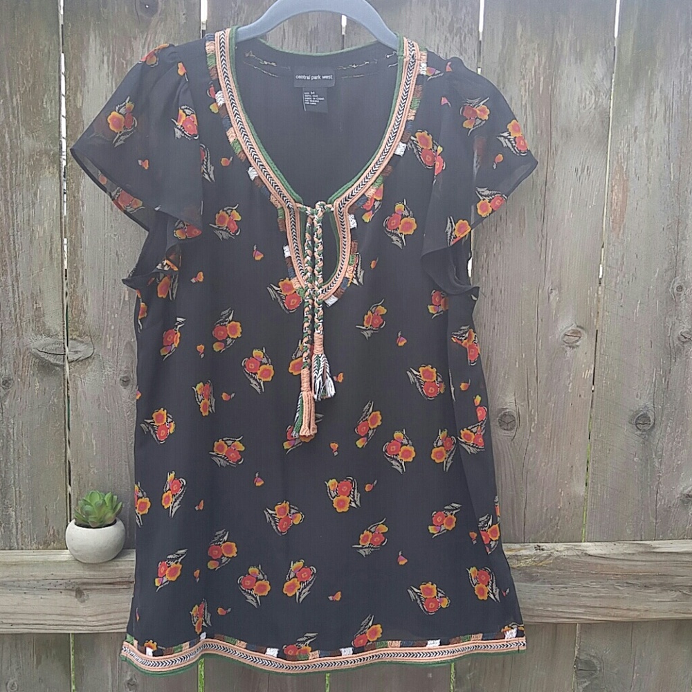 Silk Blouse Short Sleeve Black Floral