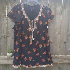 Silk Blouse Short Sleeve Black Floral