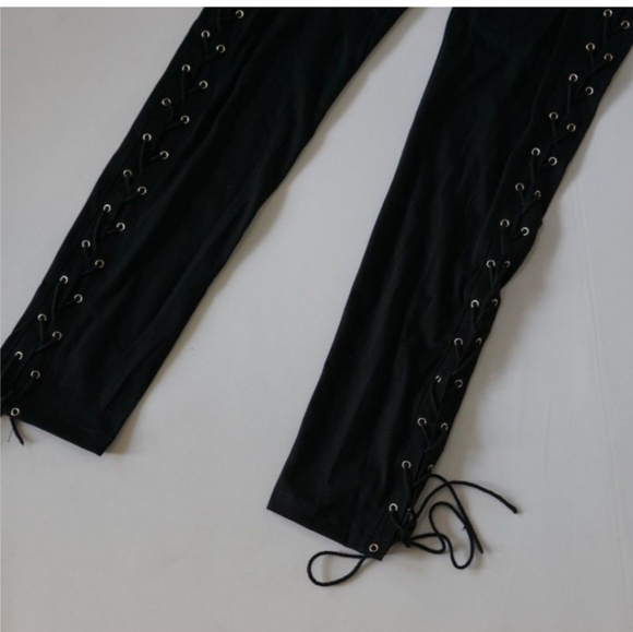 High waist black lace up side ankle leggings - Picture 5 of 5