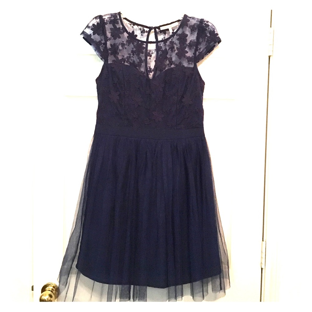 Navy Lace and Tulle cap-sleeve dress, like new