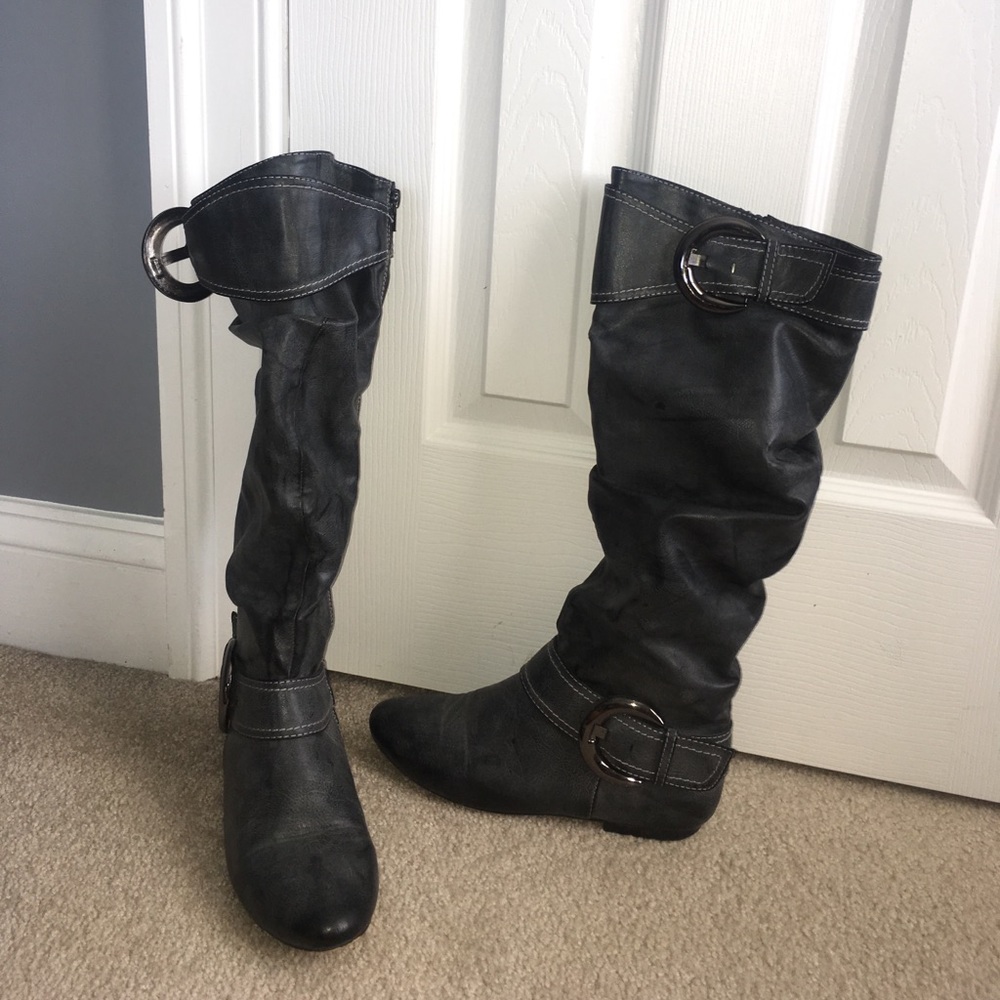 Gray knee high boots