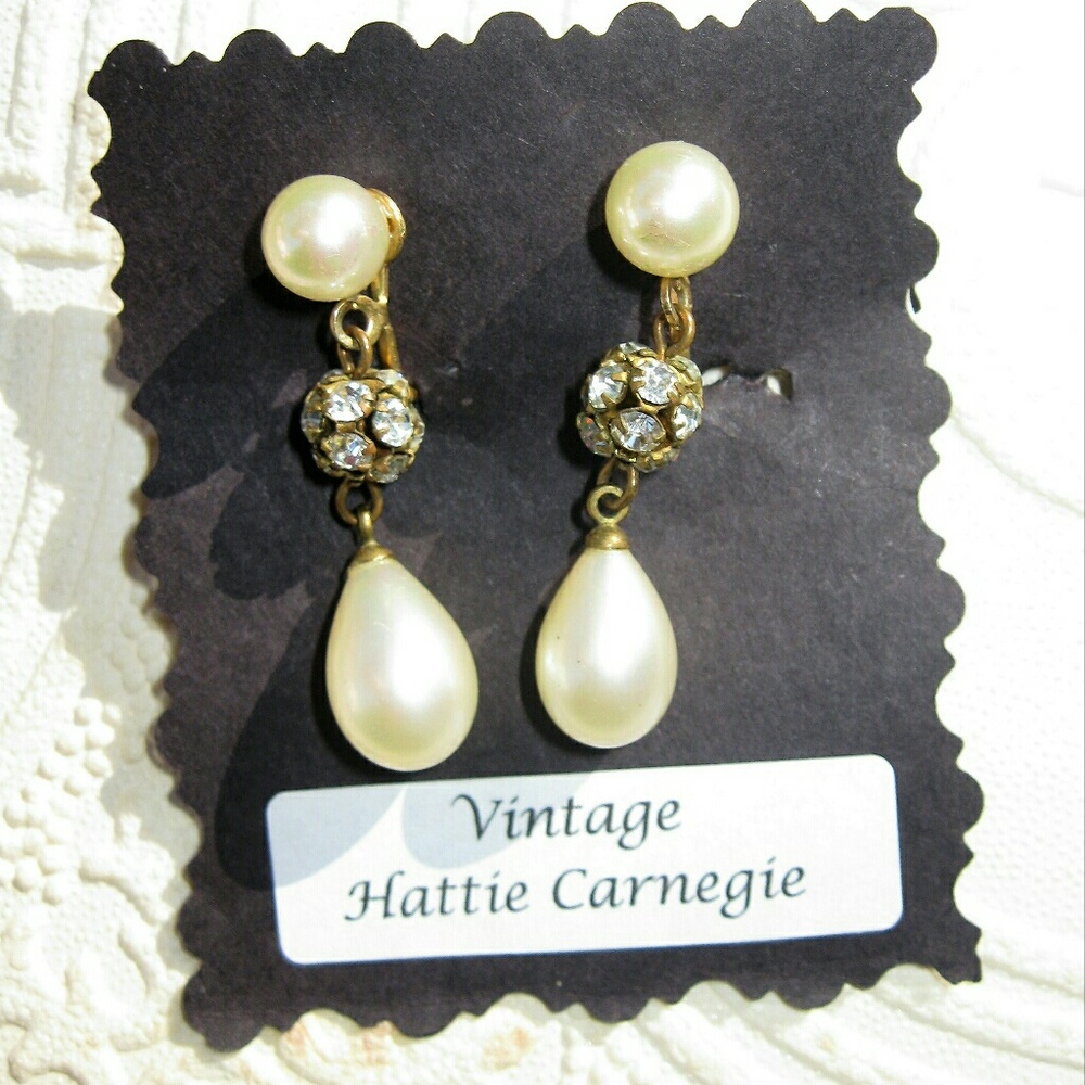 HATTIE CARNEGIE Pearl Rhinestone Drop Earrings
