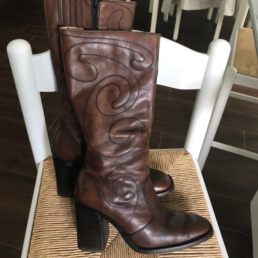 Frye Brown Leather Boots with zipper 15inch calf