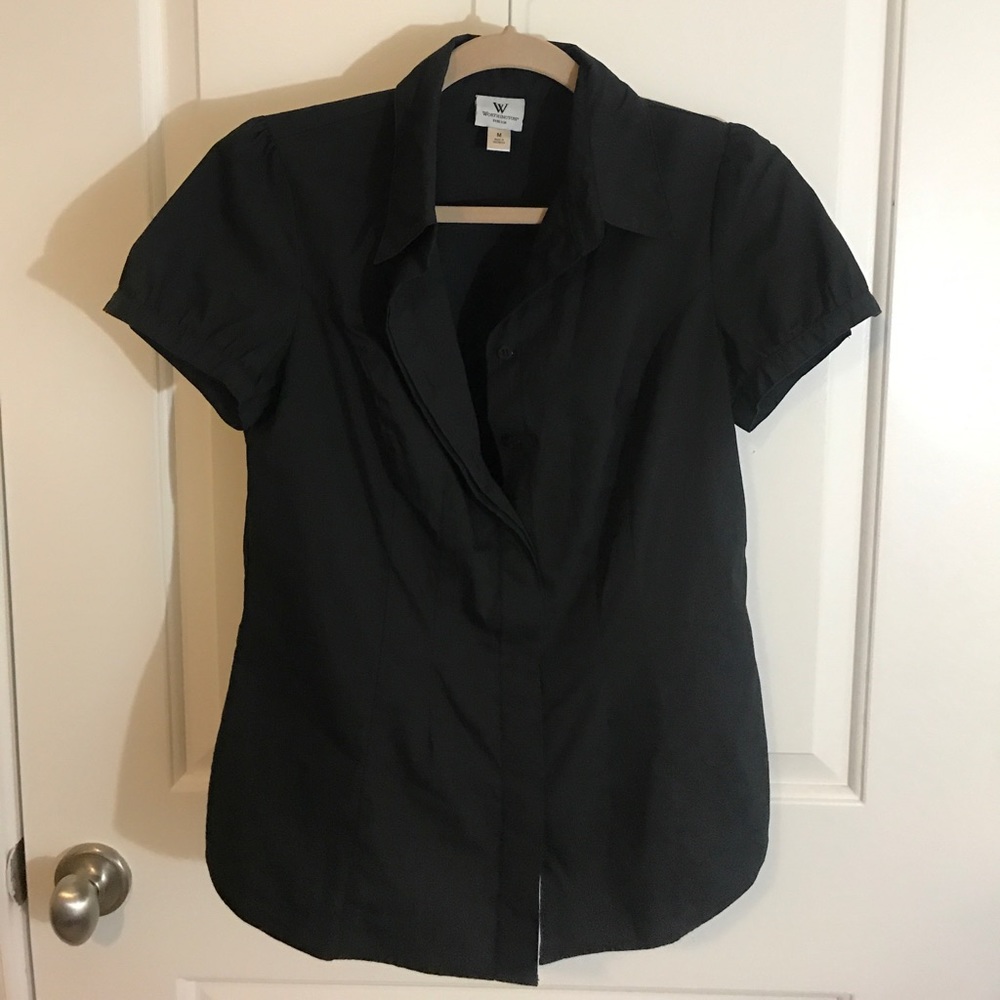 Black short sleeve button down blouse