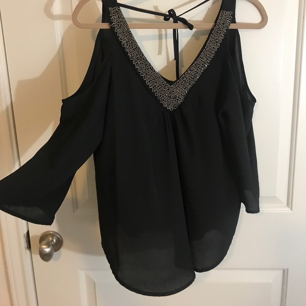 Black long sleeve beaded V-neck