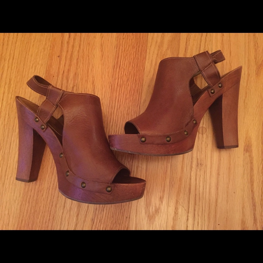 Ralph Lauren wood and leather sling back clogs.